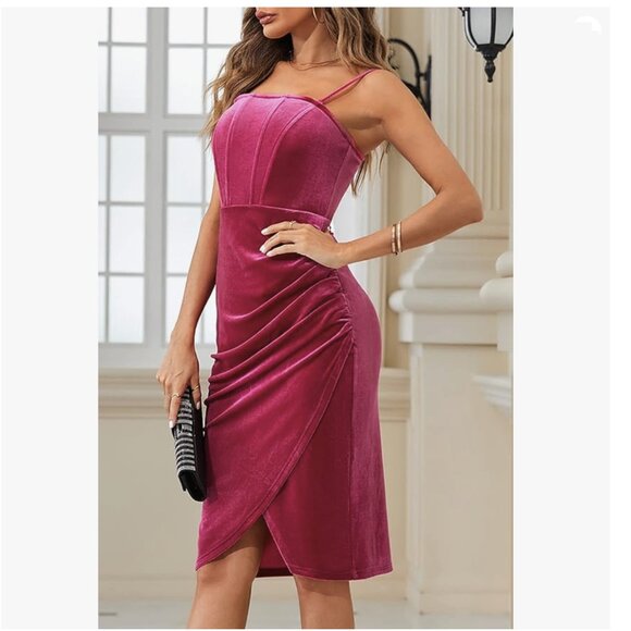 Velvet Bodycon Ruched Dress Strapless Corset Tube Asymmetrical Silt Midi Dress - Picture 2 of 13